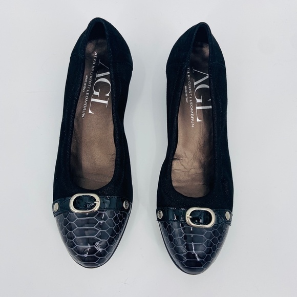 AGL ATTILIO GIUSTI LEOMBRUNI Black Leather Snakeskin Cap Toe Low Wedge Shoes - Picture 4 of 10